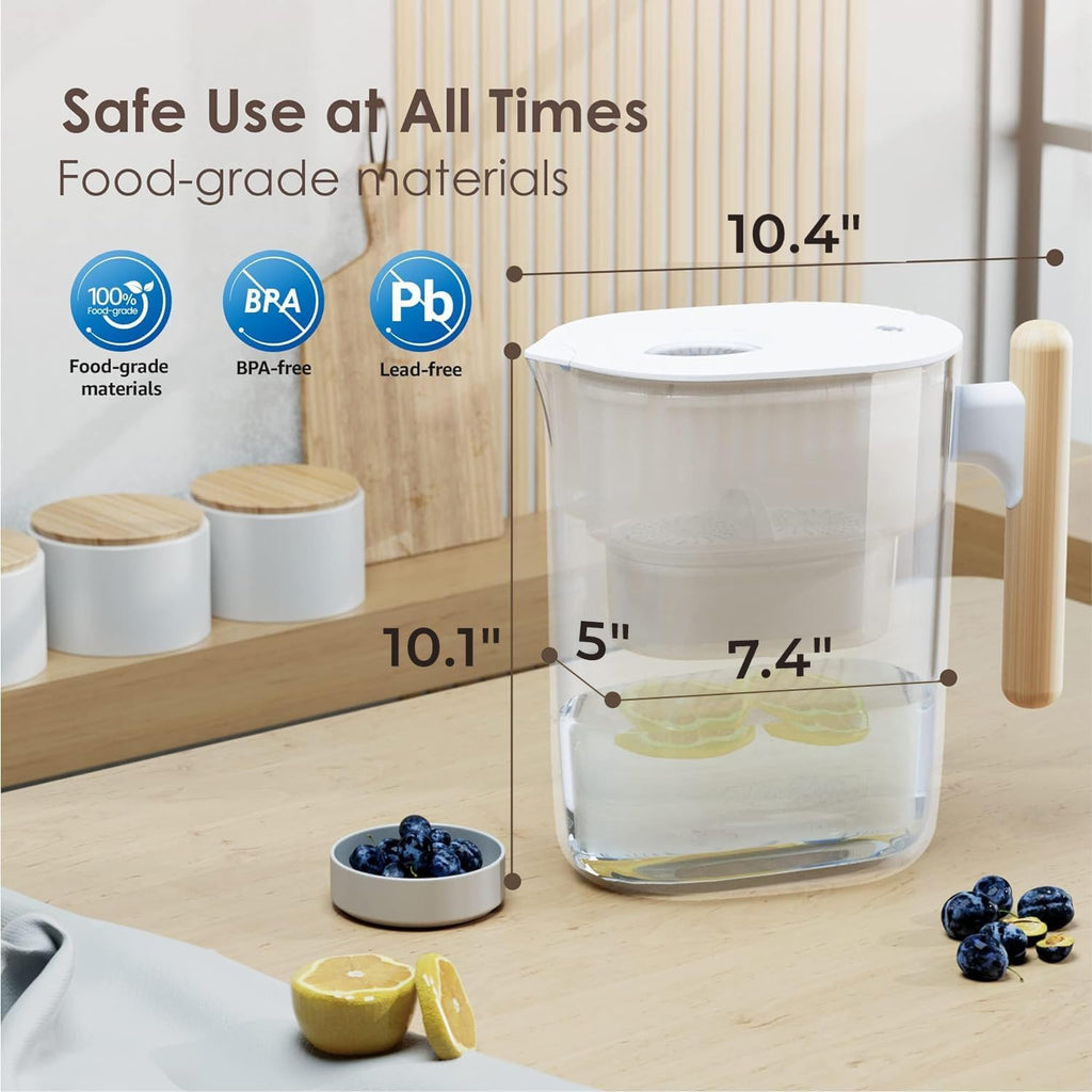PT-04C Water Filter Pitcher, 10-Cup Capacity, NSF Certified, 200-Gallon Long-Life Filter, 5X Longer Filter Life, Reduces PFOA/PFOS and Chlorine, Bpa-Free, Sturdy Wooden Handle, Clear