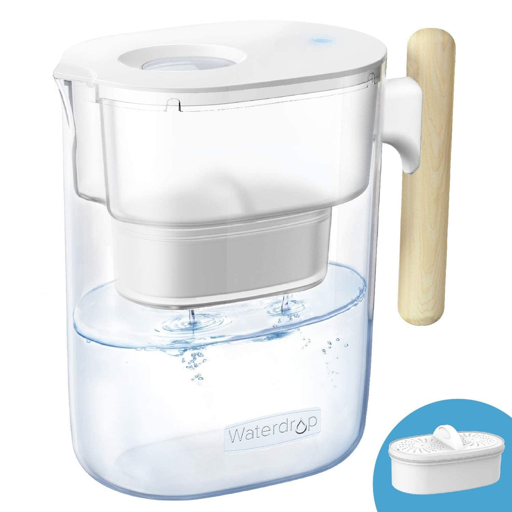 PT-04C Water Filter Pitcher, 10-Cup Capacity, NSF Certified, 200-Gallon Long-Life Filter, 5X Longer Filter Life, Reduces PFOA/PFOS and Chlorine, Bpa-Free, Sturdy Wooden Handle, Clear