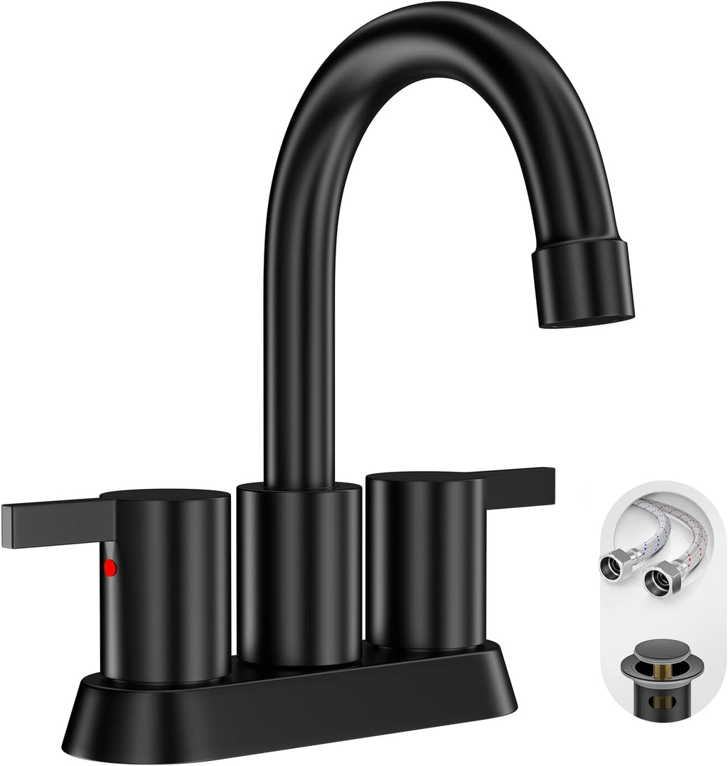 4 Inch 2 Handle Centerset Matte Black Lead-Free Modern Bathroom Faucet, 360 Swivel Spout 2-3 Hole RV Bathroom Vanity Sink Faucet with Pop up Drain and Water Supply Lines,Bf015-1-Mb