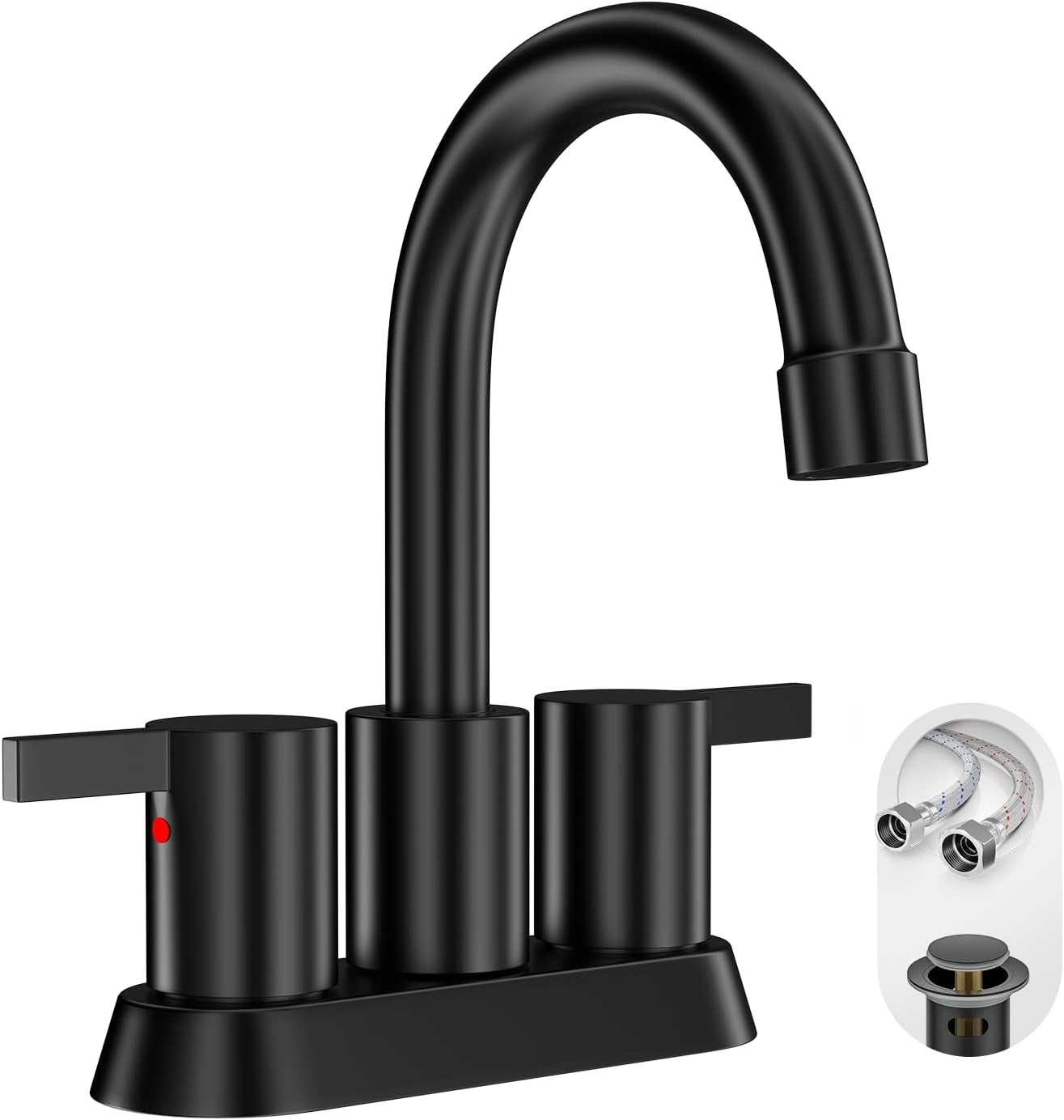 4 Inch 2 Handle Centerset Matte Black Lead-Free Modern Bathroom Faucet, 360 Swivel Spout 2-3 Hole RV Bathroom Vanity Sink Faucet with Pop up Drain and Water Supply Lines,Bf015-1-Mb