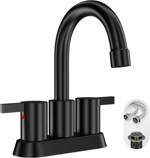4 Inch 2 Handle Centerset Matte Black Lead-Free Modern Bathroom Faucet, 360 Swivel Spout 2-3 Hole RV Bathroom Vanity Sink Faucet with Pop up Drain and Water Supply Lines,Bf015-1-Mb