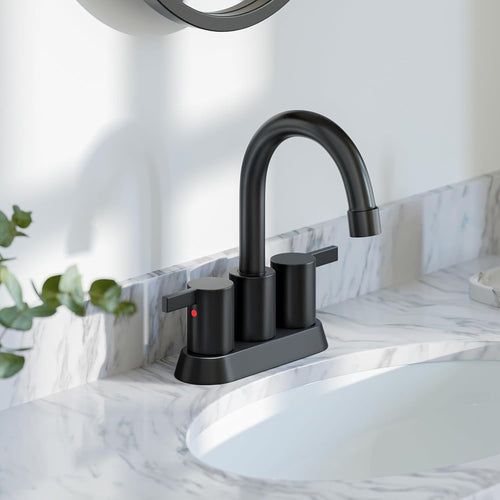 4 Inch 2 Handle Centerset Matte Black Lead-Free Modern Bathroom Faucet, 360 Swivel Spout 2-3 Hole RV Bathroom Vanity Sink Faucet with Pop up Drain and Water Supply Lines,Bf015-1-Mb